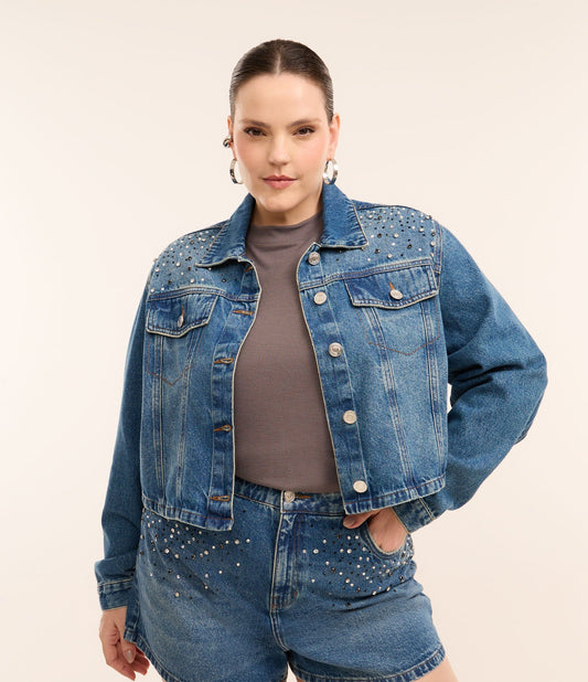 Cropped Denim Jacket with Distressed Look and Sparkles - Curve & Plus Size Blue