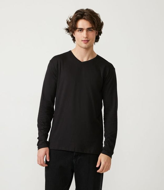 Maglietta Basic nera con scollo a V e manica lunga in morbido tessuto a maglia