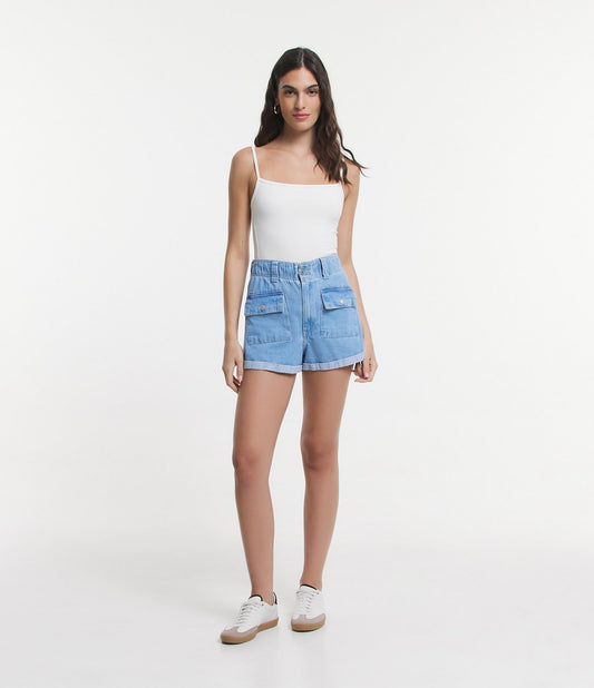 Short Baggy in Marbled Denim with Blue Flap Pockets