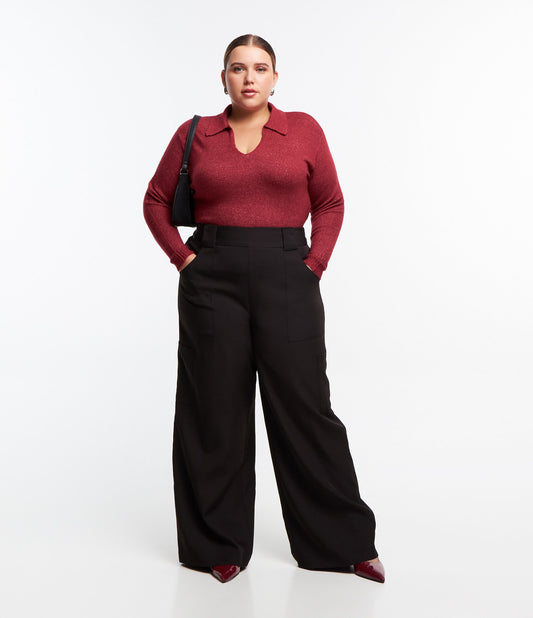 Wide Leg Crepe Pants with Cargo Pockets, Curve & Plus Size, Black