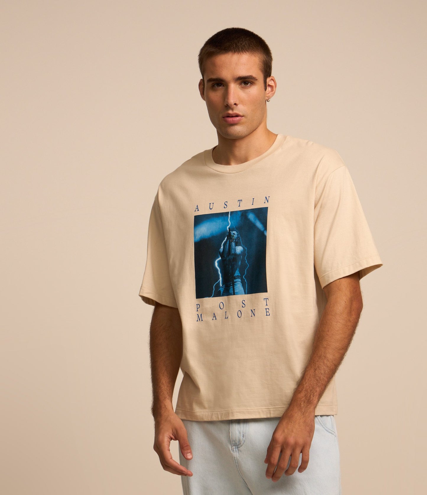 Maglietta in cotone beige con stampa Post Malone