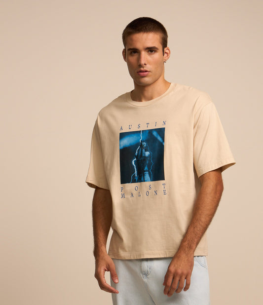 Maglietta in cotone beige con stampa Post Malone