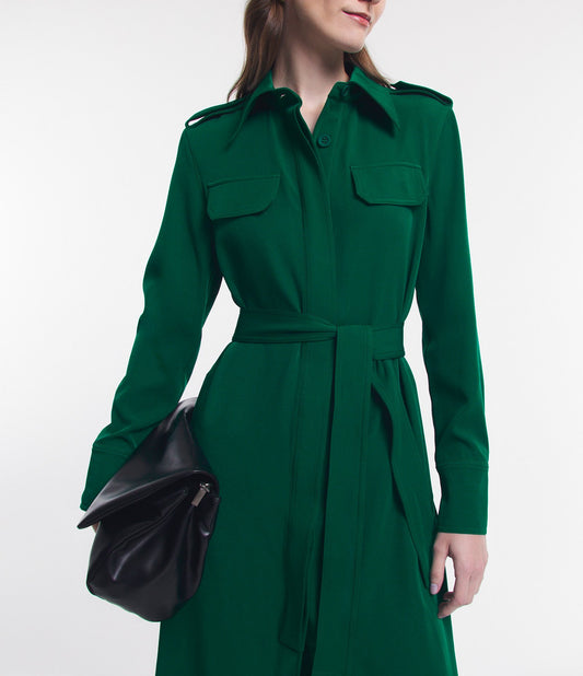 Vestito midi in crepe con cravatta in vita e tasca verde con patta