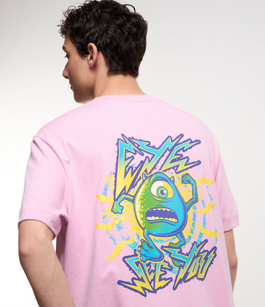 Maglietta in cotone comfort con stampa di mostri rosa