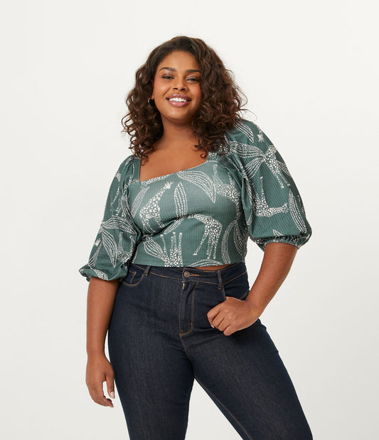 Blusa canelada com estampa de girafa e detalhe de amarração nas costas, Curve & Plus Size, verde
