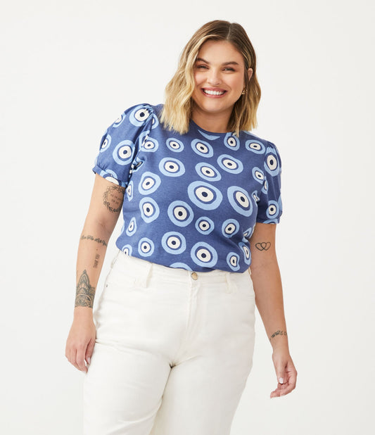 Blusa de malha de manga bufante azul com estampa - Curve e Plus Size