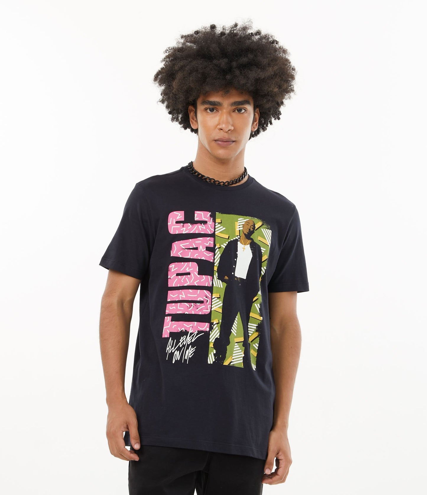 Maglietta a maniche corte in mezza maglia con stampa illustrata di Tupac - Nero