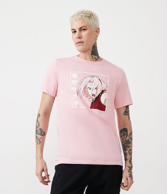Maglietta regular fit in tessuto a maglia con stampa Sakura e ideogrammi rosa