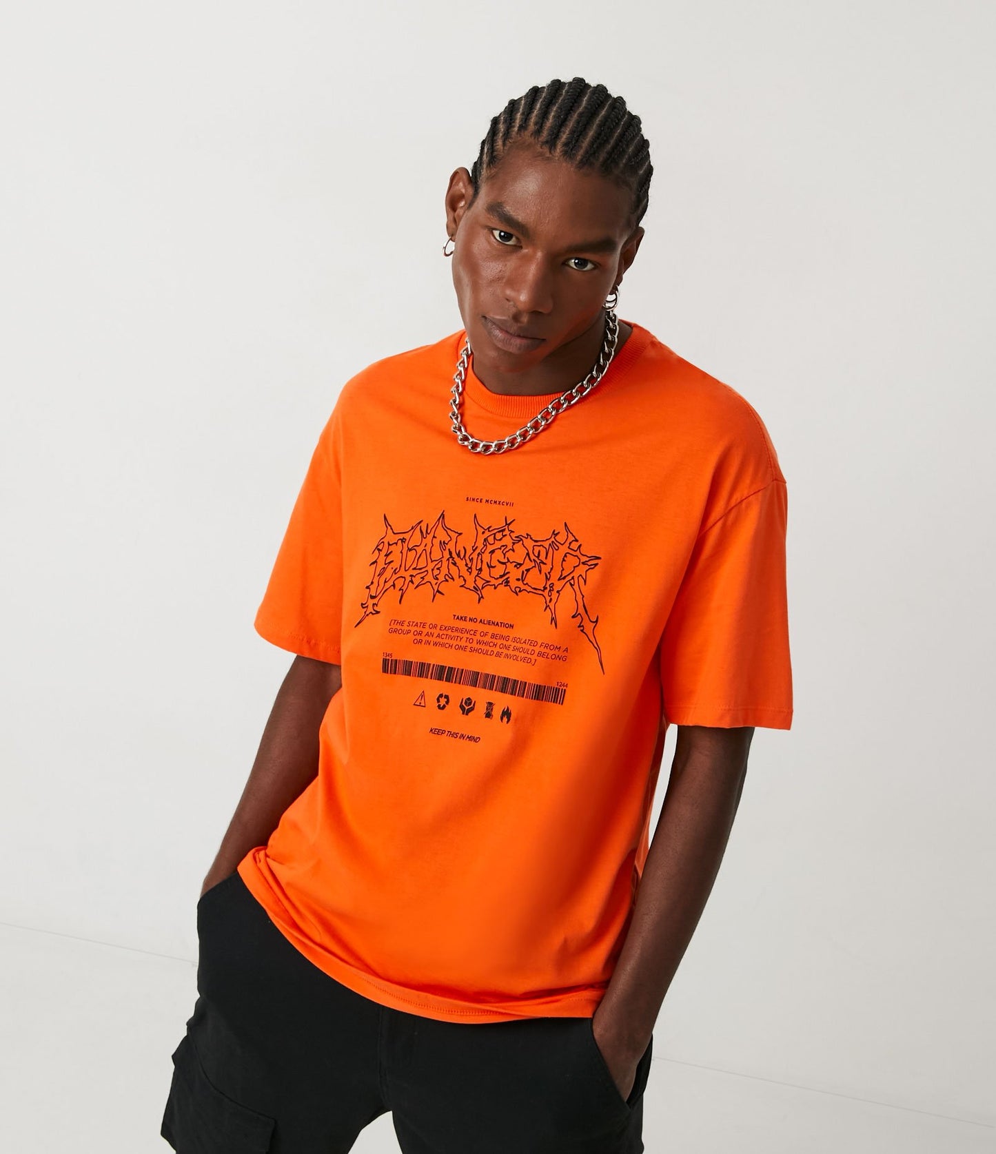 Orange "Danger" Print Half-Knit T-Shirt