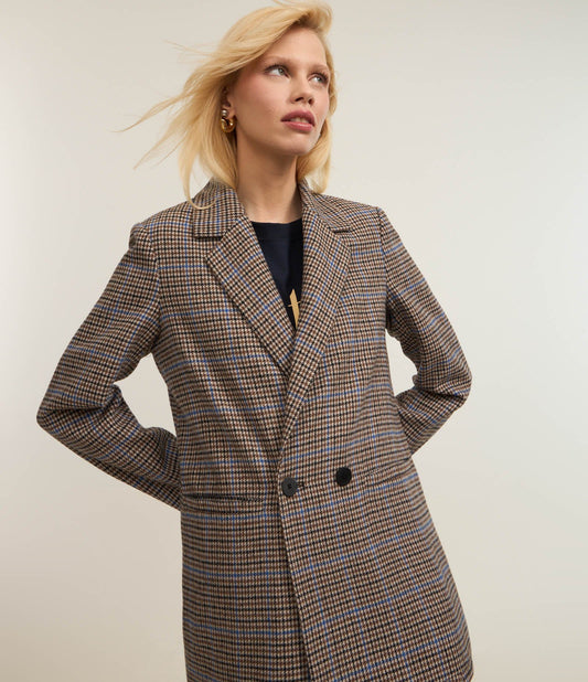Long Tailored Plaid Polivelour Blazer with Brown Pockets