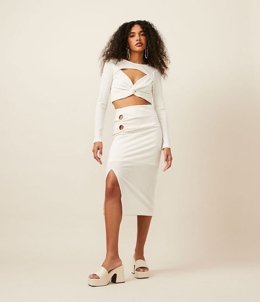 New Beige Midi Skirt in Ribbed Fabric with Rings and Side Slit