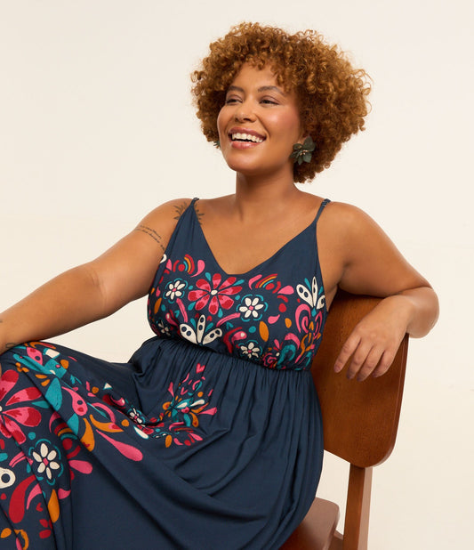 Vestido longo de viscose com estampa floral solar, Curve & Plus Size, azul