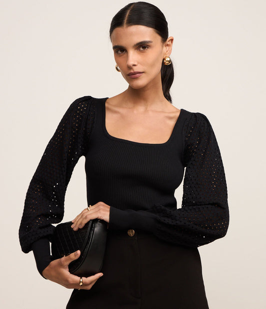 Black Ribbed Knit Sweater with Eyelet Puff Sleeves