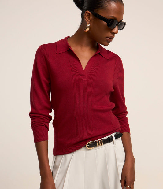 Suéter de Tricô Vermelho de Manga Longa com Gola Polo