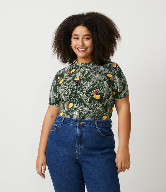 Blusa canelada com estampa de tucano, Curve & Plus Size, verde