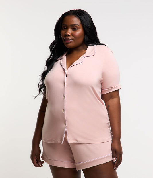 Striped Trim American Pajama Set, Curve & Plus Size, Pink
