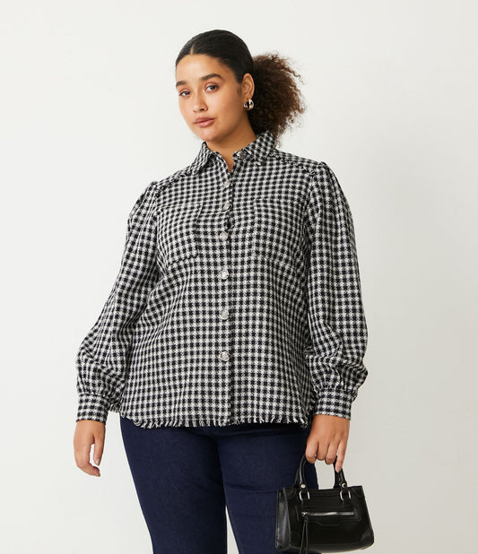 Camicia Longline in tweed nero con tasche frontali - Curve e taglie forti