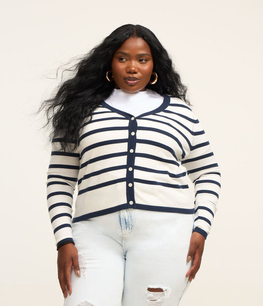Cardigan leggero in maglia a righe, Curve e taglie forti, blu scuro/bianco