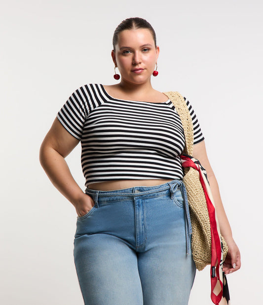 Top com nervuras e listras fora do ombro Curve & Plus Size Preto/branco
