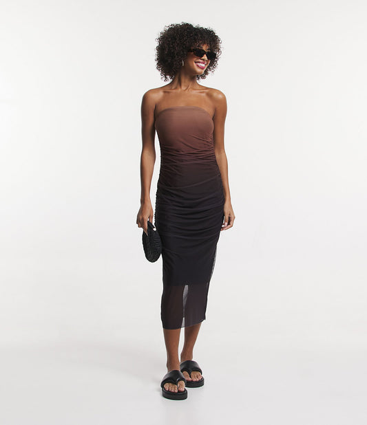 Vestito midi in tulle marrone sfumato senza spalline