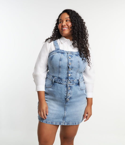 Vestido jeans curto com botões na frente, Curve & Plus Size, azul