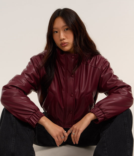 Red High Collar Puffer Bomber Jacket