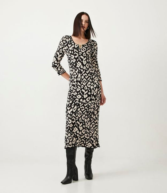 New Midi Knit Dress with Black/Beige Leopard Animal Print