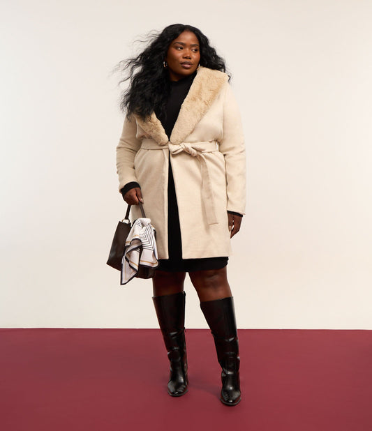 Cappotto beige in Polyvelour con colletto in pelliccia sintetica rimovibile - Curve e taglie forti