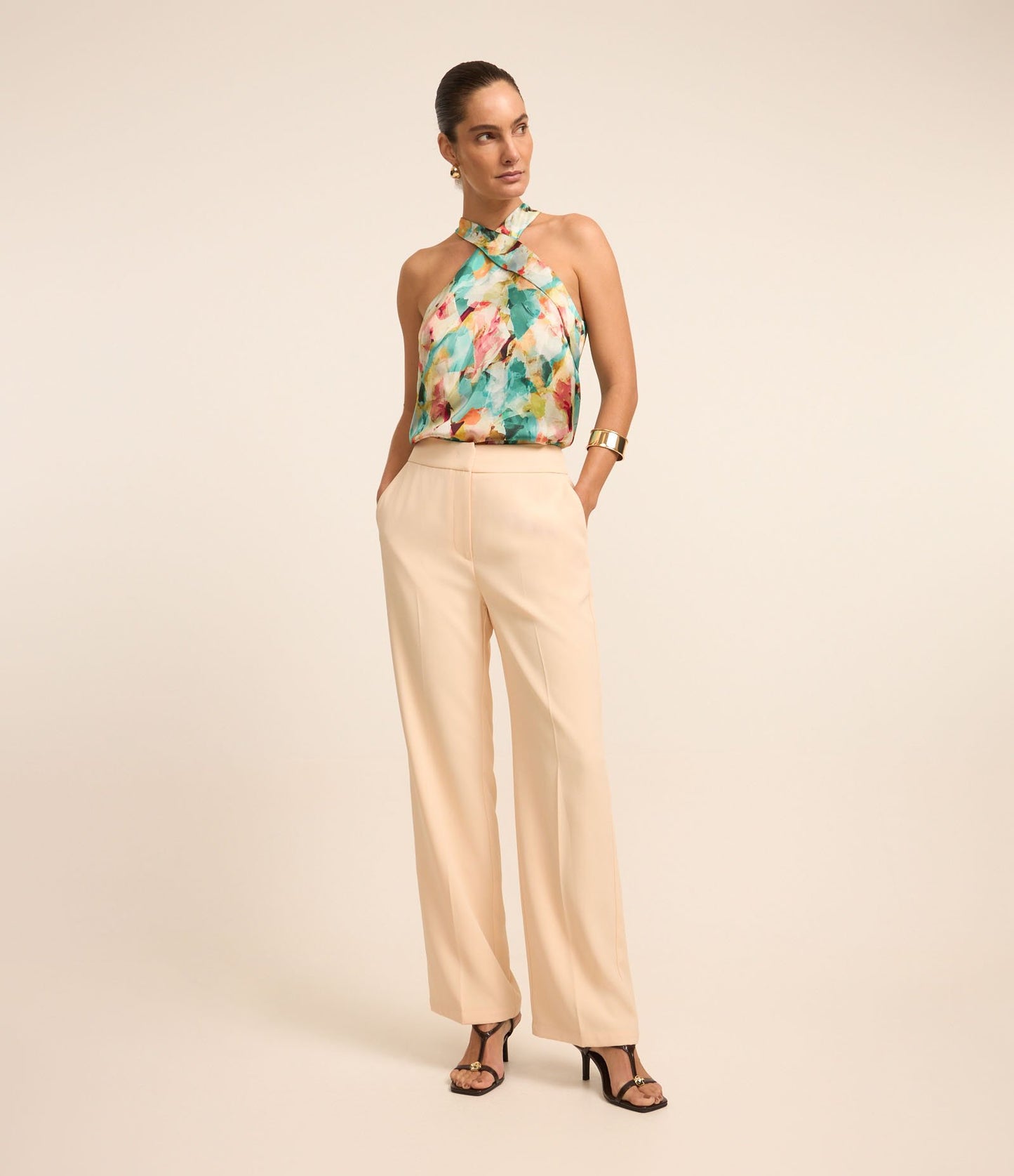 Beige Tailored Waist Straight-Leg Pants