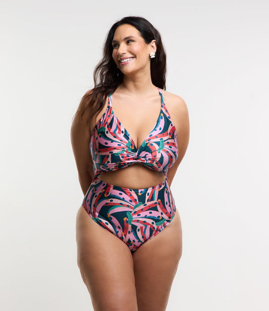 Costume da bagno in microfibra con apertura e laccetti, Curve e taglie forti, Multicolore
