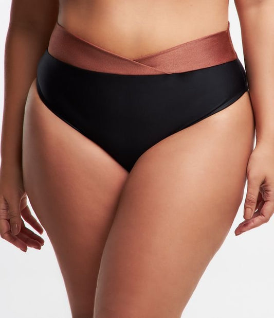 High-Waisted Bikini Bottoms in Lightweight Bicolor Microfiber with Crossover Waistband - Curve & Plus Size Black/Copper Brown