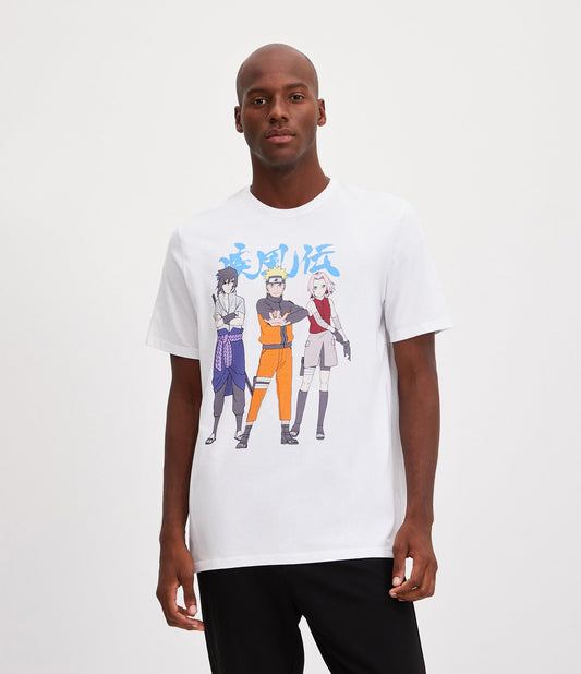 Maglietta regular fit in mezza maglia con stampa Naruto and Friends - Bianco
