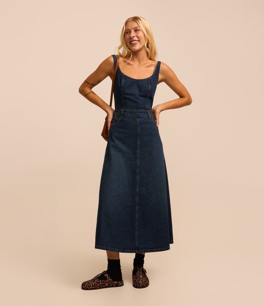 Blue Midi Denim Dress with Belt Loops and Front Pockets