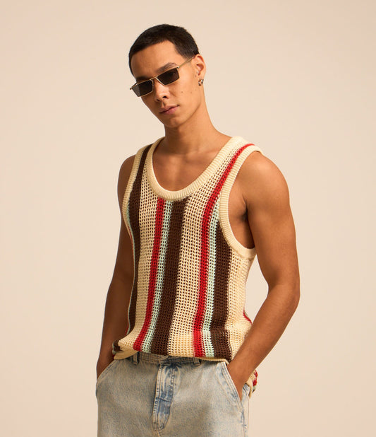 Canottiera in maglia boxy con stampa a righe beige/rosso/marrone/blu