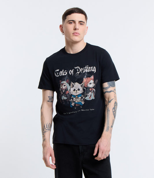 Regular Fit Cotton T-Shirt with "Cats of Destiny" Print in Black