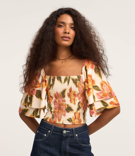 Blusa Cropped Multicolorida com Corpo Franzido e Mangas Duplas