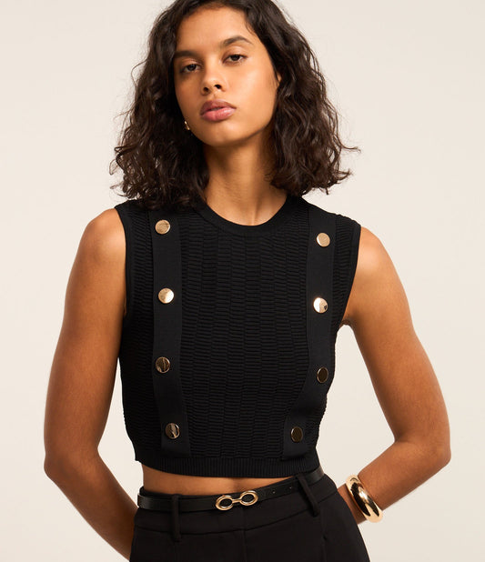 Sleeveless Knit Top with Front Stripes and Black Buttons