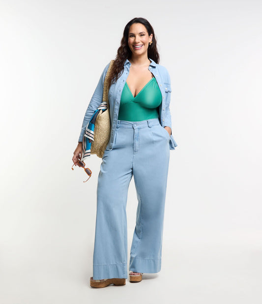 Pantalones vaqueros ligeros de pernera ancha y cintura entallada, Tallas grandes y curvas, Azul