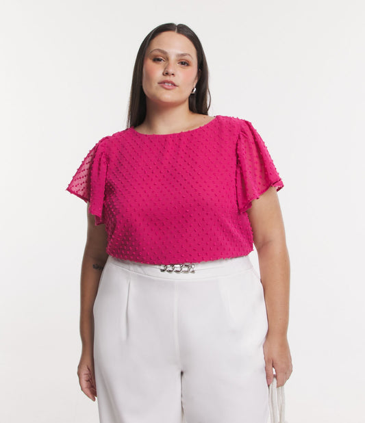 Blusa de chiffon com mangas e texturas com babados, Curve & Plus Size, rosa