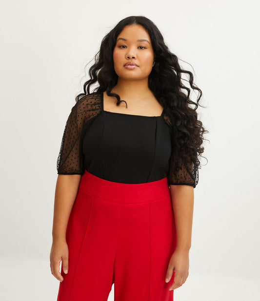 Blusa de crepe com mangas bufantes e estampa de bolinhas, Curve & Plus Size, preto