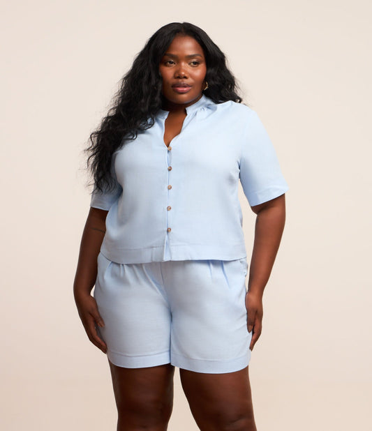 Camicia in lino blu con colletto alla mandarina, taglie forti e taglie forti