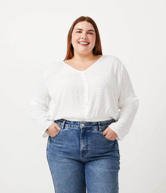 Blusa de viscose de manga longa com bainha elástica, Curve & Plus Size, branco