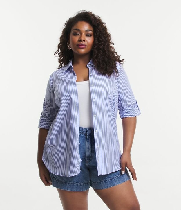 Camisa estendida em tricoline com estampa listrada, Curve & Plus Size, azul/branco