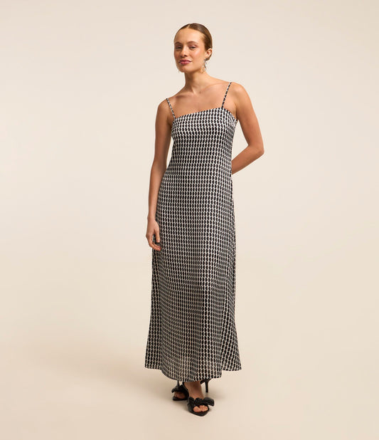 Vestito midi grigio con stampa astratta in tessuto crepe