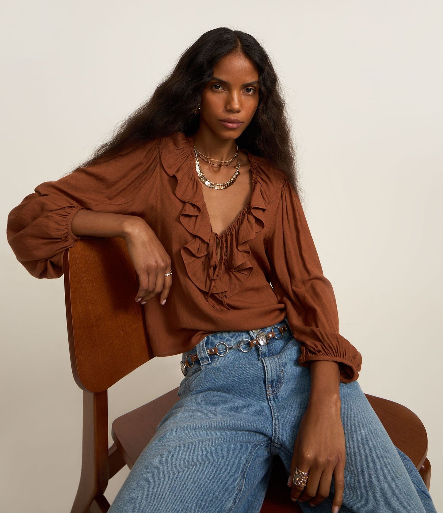 Brown Viscose Blouse with Ruffles