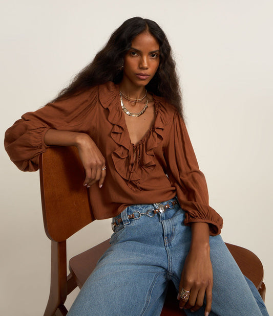 Brown Viscose Blouse with Ruffles