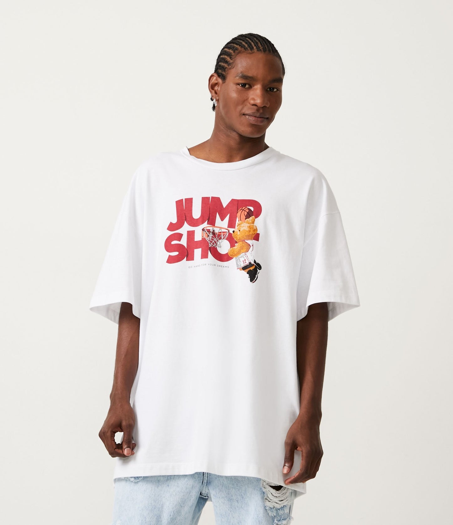 Maglietta Slam Dunk bianca con stampa a mezza maglia