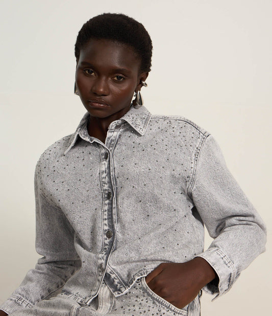 Camicia di jeans grigia dal taglio regolare con scintille applicate