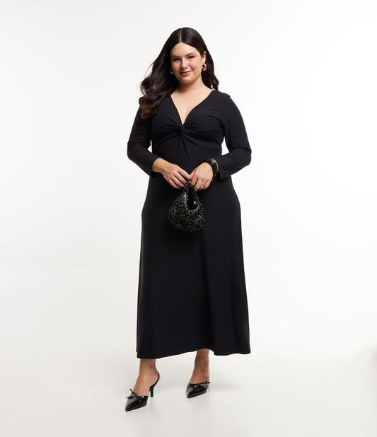 Black Textured Knit Midi Dress with Twisted Bust - Curve & Plus Size