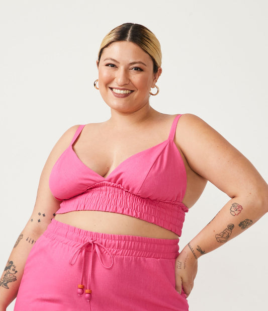 Blusa cropped de linho rosa com bainha Smocked - Curve & Plus Size